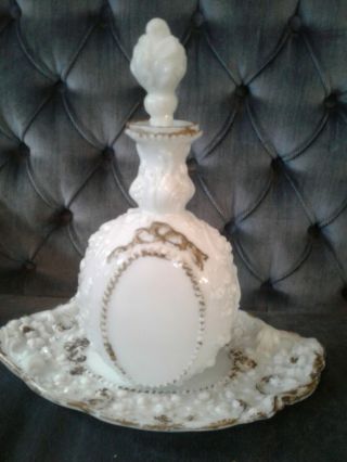 Antique Milk Glass Perfume Cologne Bottle Decanter Tray Vanity Bureau Victorian
