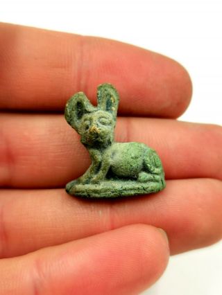 Large Unusual Ca.  1300 Bc Egyptian Faience Cat Amulet - Wearable - R669
