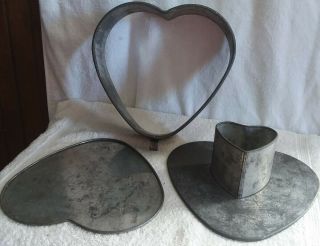 Early Unusual Antique 3pc Tin Heart Shaped Primitive 9 " X9 " Cake Baking Pan