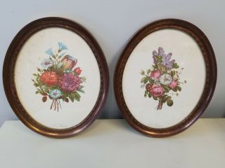 Two Vintage Signed Jl Prevost Botanical Flower Prints Painted Oval Frame