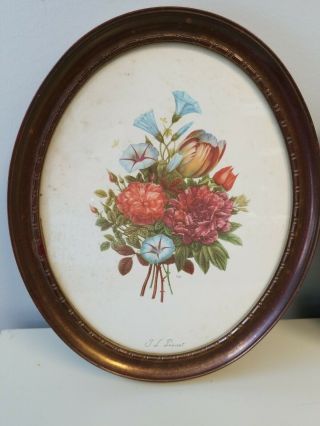 TWO Vintage Signed JL Prevost Botanical Flower Prints Painted Oval Frame 2