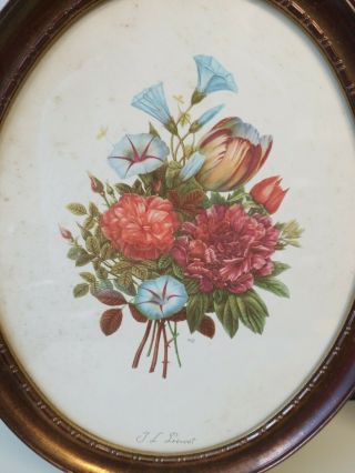 TWO Vintage Signed JL Prevost Botanical Flower Prints Painted Oval Frame 3