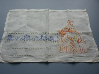 Vintage Irish Linen Traycloth Hand Embroidered Crinoline Lady