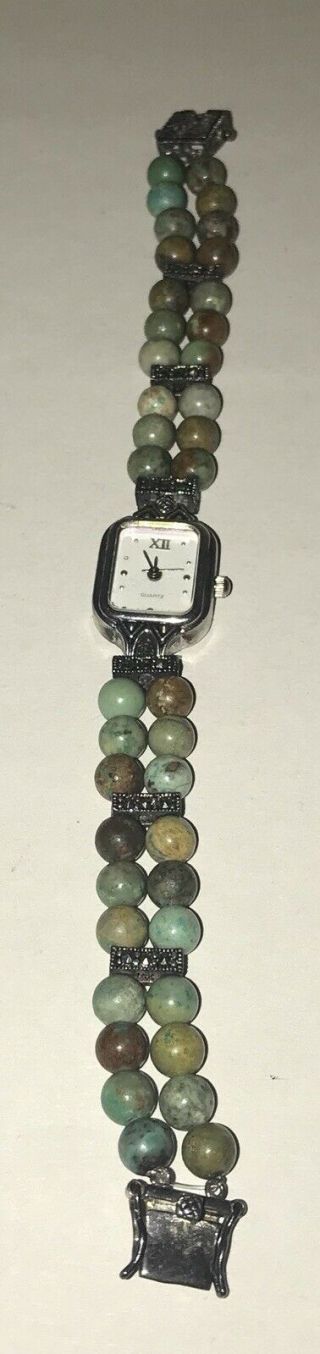 Women’s Vintage Sterling Silver Marcasite Beaded Turquoise Watch - Signed Dbj