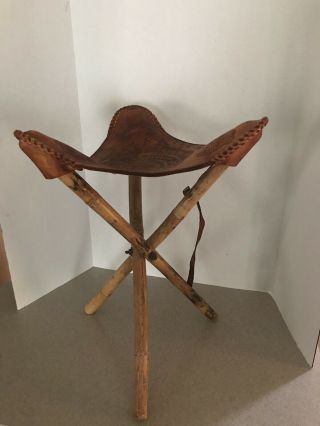 Vintage Hand Tooled Leather Tripod Saddle Stool