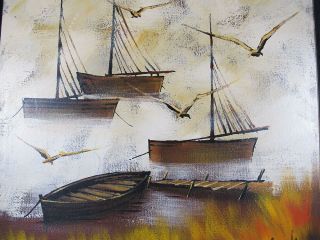 Huge Mid Century Modern Painting Wall Art Boats & Birds In Fog Signed Sparks Yqz