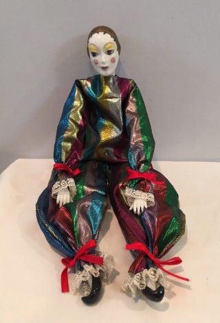 Vintage 17 " Tall Harlequin Clown Doll With Porcelain Head Hands And Feet