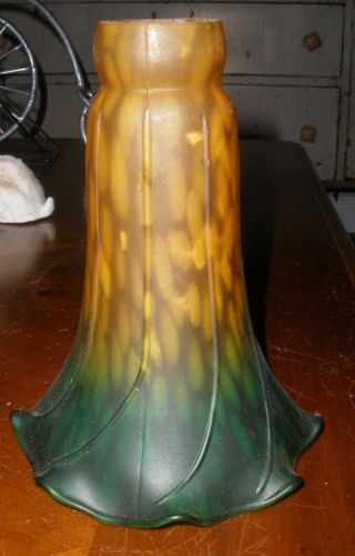 Vintage Tiffany Style Amber - Green Tulip Lily Glass Lamp Shade Satin Glass