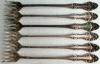 6 = Carlton Cocktail Seafood Forks Silver - Plate Wm A Rogers A1 Pat.  Sep.  1898