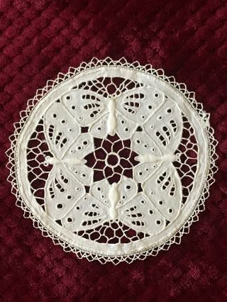 Gorgeous Antique French Art Nouveau Design Doily - Hand Embroidery 7 " Butterfly