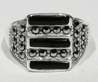 Vintage Antique 925 Silver Faceted Marcasites & Black Onyx Man Or Woman Ring 6
