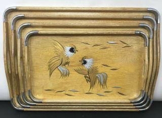 Vintage Wood Birds Serving Trays Hand Painted Vintage Wood - Ware Set Of 4 Old