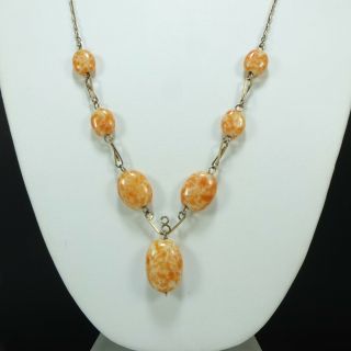 Long Antique Rolled Gold Wire & Orange/peach Peking Glass Bead Necklace
