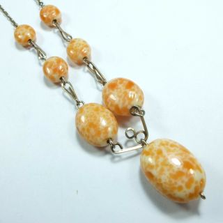 Long Antique Rolled Gold Wire & Orange/Peach Peking Glass Bead Necklace 5