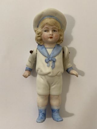 Antique Blue And White Bisque Sailor Girl Doll W Hinged Arms - -