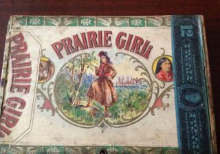 Antique Prairie Girl Wood Cigar Box Vintage Tobacco Annie Oakley Indian