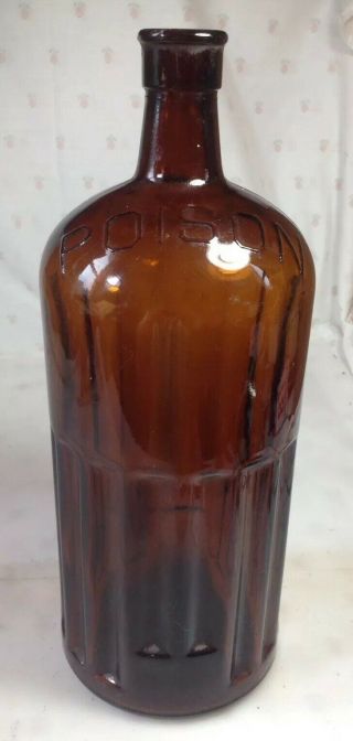 Antique Vintage Large Gallon Size Amber Poison Bottle Ribbed Sides 12 Inch Tall