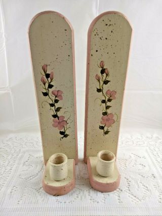 Vintage Candle Wall Sconces Shabby Chic Cottage Handpainted Pink Floral Wood