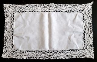 Antique Vintage Ecru Linen Table Mat Centre Runner - White Cotton Edging Trim