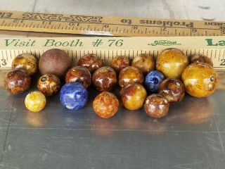 Antique Group Of 20 Bennington Clay Marbles 1 " To 1/2 " Fancy Blue Brown Alien