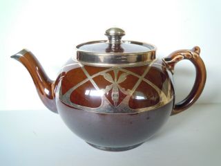 Antique Art Deco Dark Brown Teapot With Silver Overlay
