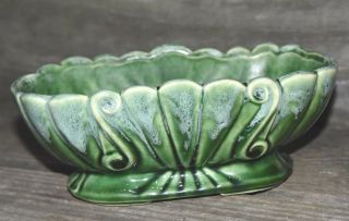 Vintage Mid Century Ceramic Bowl Vase Green Planter Drip Glaze Scalloped 8.  5 " L