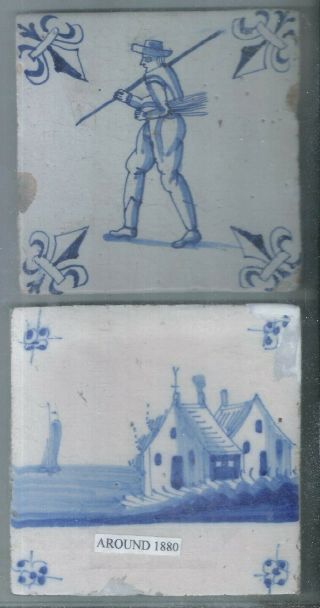 2 - Antique Dutch Delft Tiles Around 1675,  1880 -