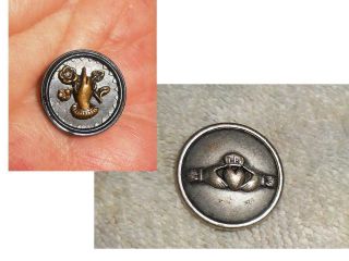 Two “hands On” Vintage Antique Buttons,  Irish Claddagh & A Hand W/flower Bouquet