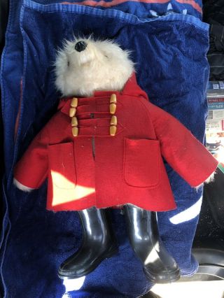 Vintage 1980 Paddington Bear 19” Plush With Red Hooded Coat & Black Gabrielle