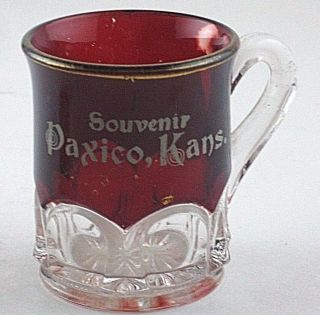 Cup Red Flashed Glass " Paxico,  Kans " Souvenir Antique 2 - 3/8 " T Antique