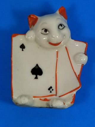 Tiny 2 " X 3 " Antique Ashtray,  Smiley Cat On Its Back Holding Ace Of Spades,  Japan