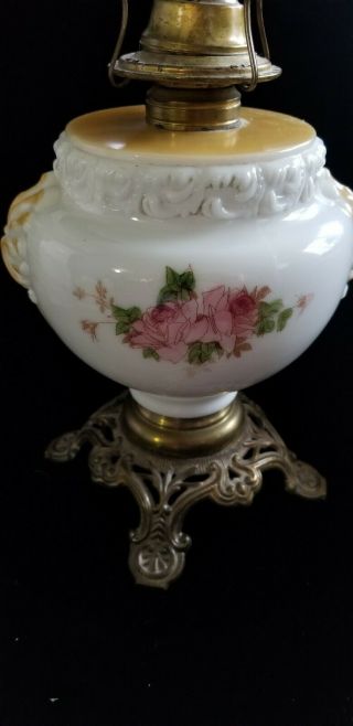 Antique Oil Lamp Cast Iron Base Floral Decorated White Milk Glass Center Old