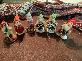 6 Vintage Christmas Santa Elf Elves Pinecone Spun Cotton Chenille Japan Antique