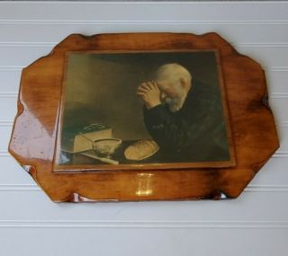 Set Vintage Wooden Plaques Old Man & Woman Praying Pictures Grace & Gratitude