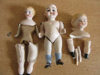 3 Antique Miniature Porcelain Bisque Jointed Baby Dolls 1 German,  2 Japan?