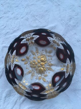 Gorgeous Antique Cranberry And Gold Etched Crystal Dish French/ Bohemian Czech
