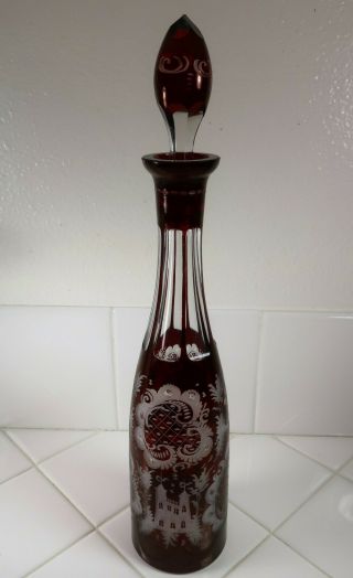 Antique Bohemian Czech Ruby / Clear Glass Decanter W/ Stopper 16 Inches
