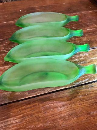 4 Antique La Rochere Green Thick Glass Banana Boat Split Sundae Bowl Dish