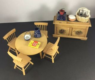 Vintage Wooden Dollhouse Miniature Table,  Chairs And Sideboard Strawberry Deco