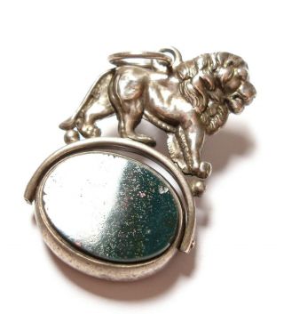 Antique Victorian Silver And Agate Lion Swivel Fob For A Watch Chain