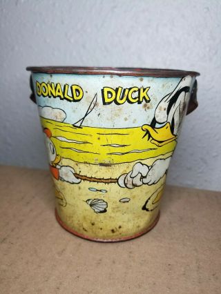 Vtg.  1930s Ohio Art Tin Bucket Sand Pail Donald Duck Disney Productions Antique