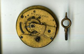 Antique 1879 18s Waltham William Ellery Key Wind Pocket Watch Movement W/key