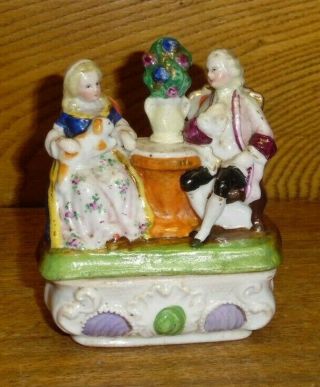 Antique German Bisque Porcelain Figural Trinket Box - Man & Woman Sitting W/ Cat