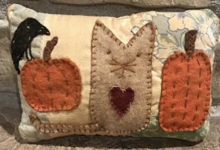 Primitive Kitty Cat,  Crow & Pumpkins Shelf Pillow - Made From Vintage Quilt