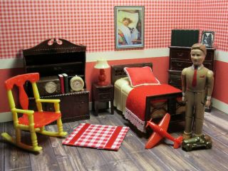 Renwal Bedroom Set W/ Brother Doll,  Vintage Plastic Dollhouse Furniture Ideal