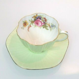 Foley Green Ribbed Cup & Saucer Bone China E.  Brain Dates To 1948 - 63 Mid Century
