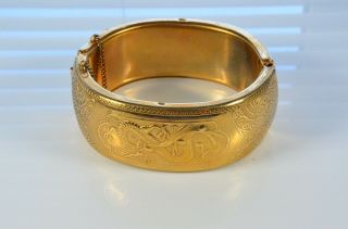 Antique Vintage Rolled Gold Bangle With Chinese Dragon Design 1 Inch Wide C1960