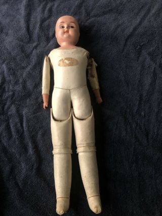 Antique Tin Head Doll Leather / Oil Cloth Violet Body Germany Label 19 Inch