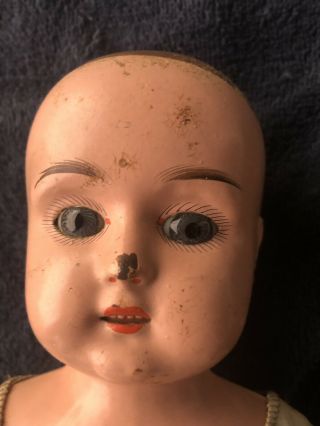 Antique tin head doll leather / oil cloth Violet body Germany label 19 Inch 8