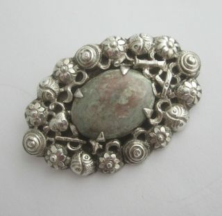 Vintage Antique Chinese Export Silver Repousse Floral & Fish Brooch W Oval Stone